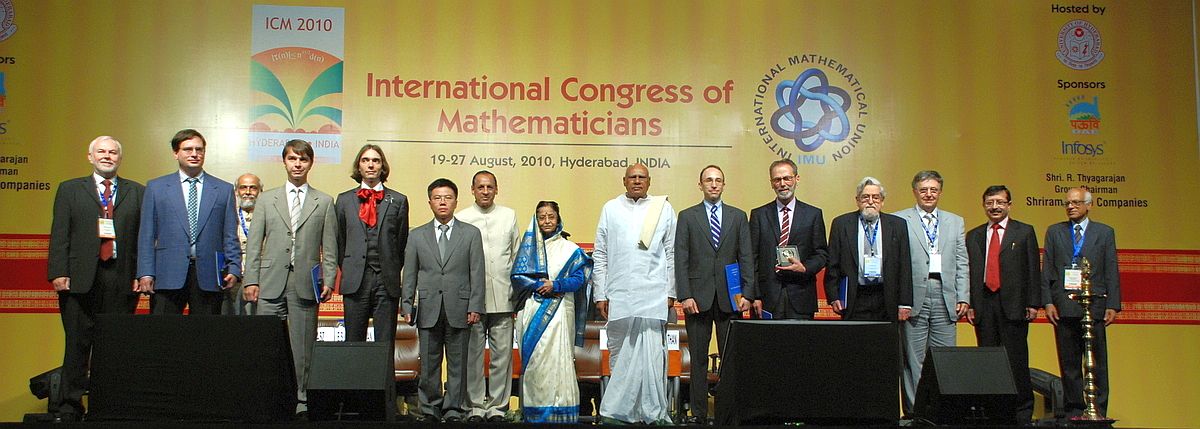 IMU Prize winners with Honourable President of India, Chief Minister of Andhra Pradesh and ICM 2010 officials